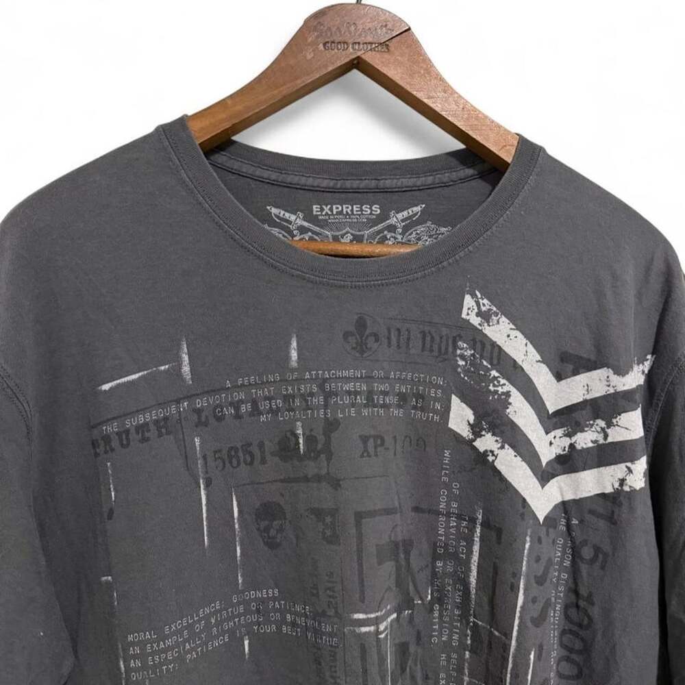 Express Vintage Graphic T-Shirt Charcoal Grey Military XL